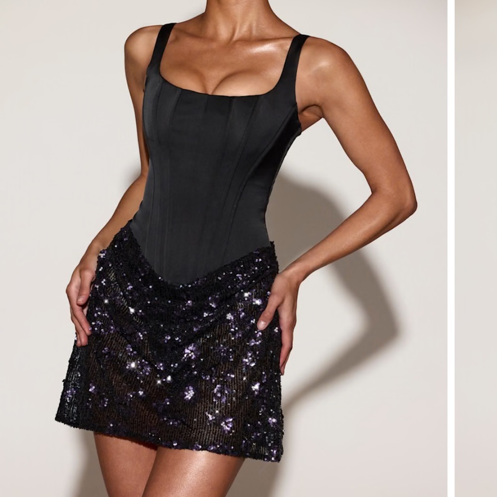 Oh Polly Eira Satin Corset Embellished Skirt Mini Dress in Black Purple